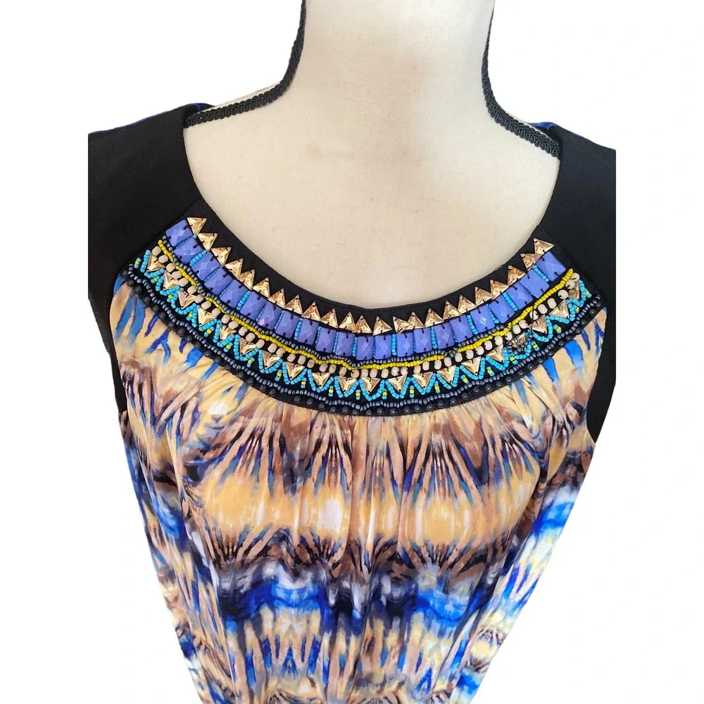 Embellished  Bejeweled  Neck‎ Maxi Dress Sleeveless Blue Brown women 14W